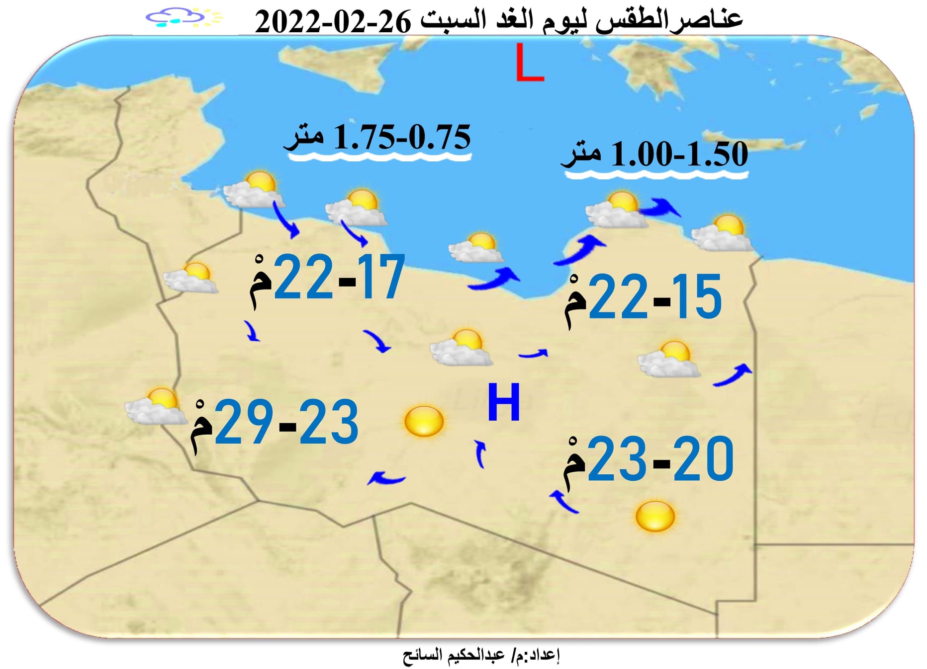 نشرة عن عناصر الطقس ليوم السبت الموافق 26 من شهر فبراير الجاري