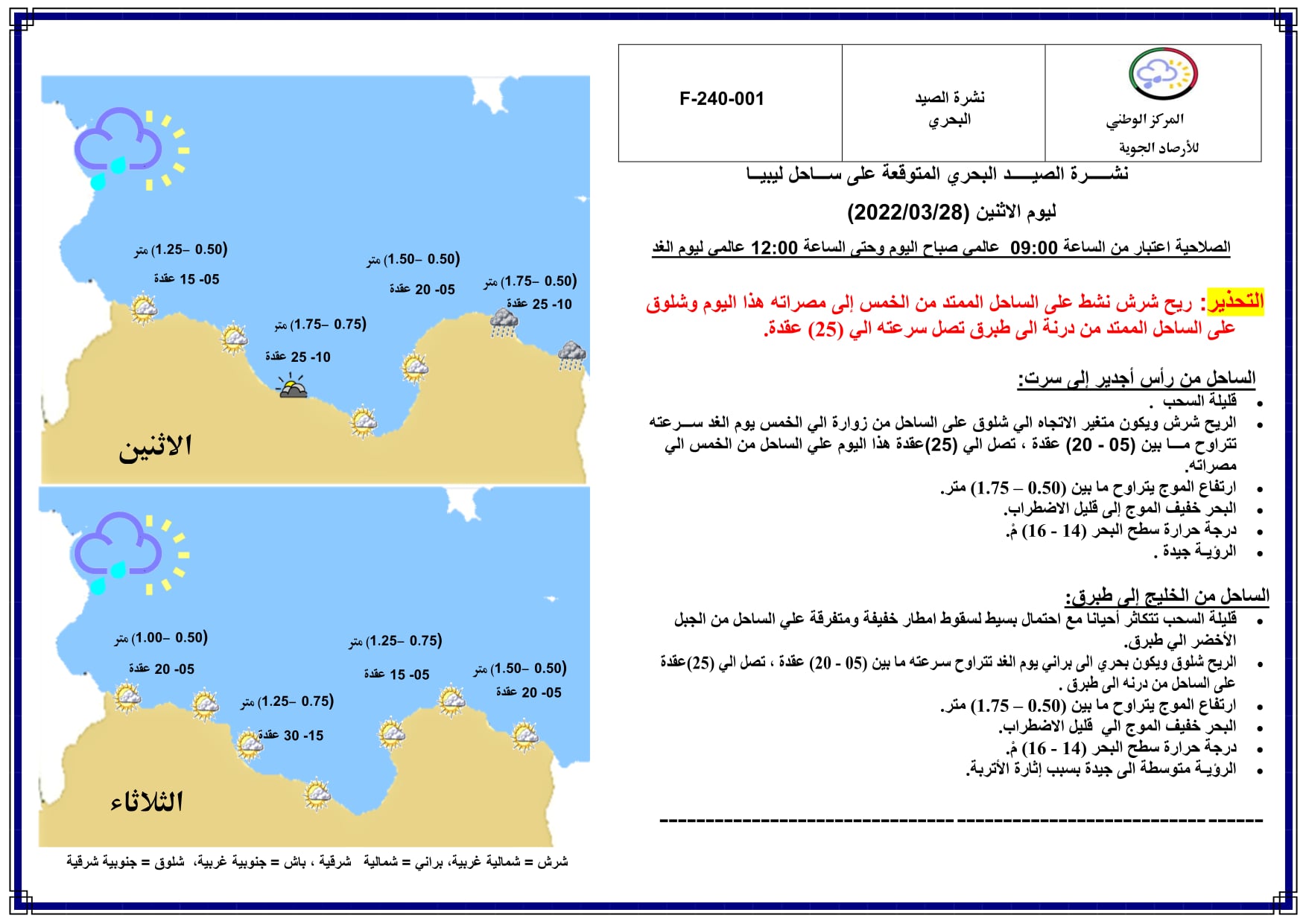 نشرة الصيـد البحري المتوقعة على ساحل ليبيـا ليوم الإثنين (2022/03/28 )