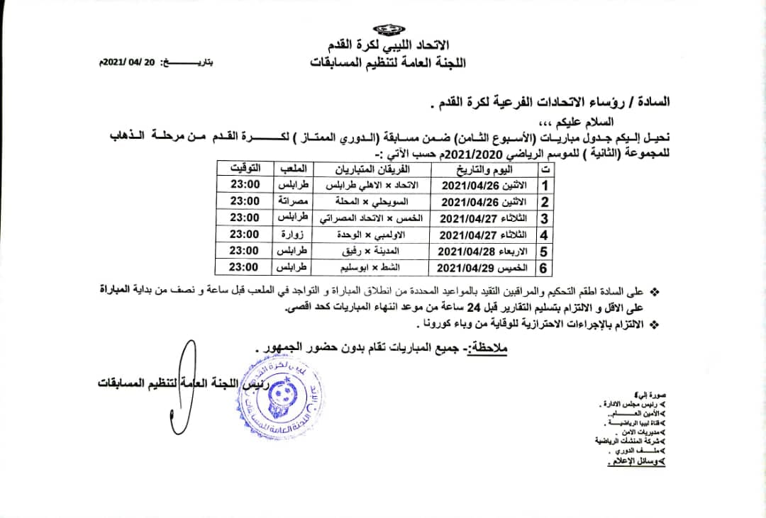 لجنة المسابقات بالاتحاد العام تصدر جدول مباريات الجولة الثامنة لفرق المجموعة الأولى والثانية