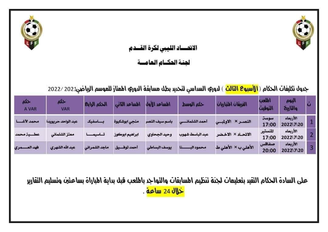 الإعلان عن حكام الجولة الثالثة للدوري الليبي