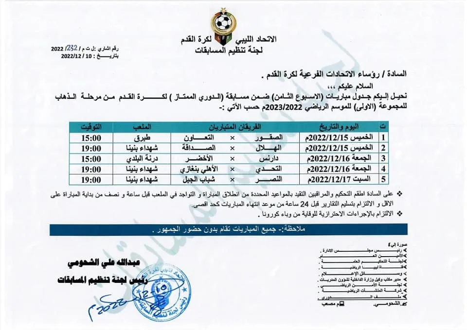 الإعلان عن مواعيد مباريات الأسبوع الثامن من الدوري الليبي