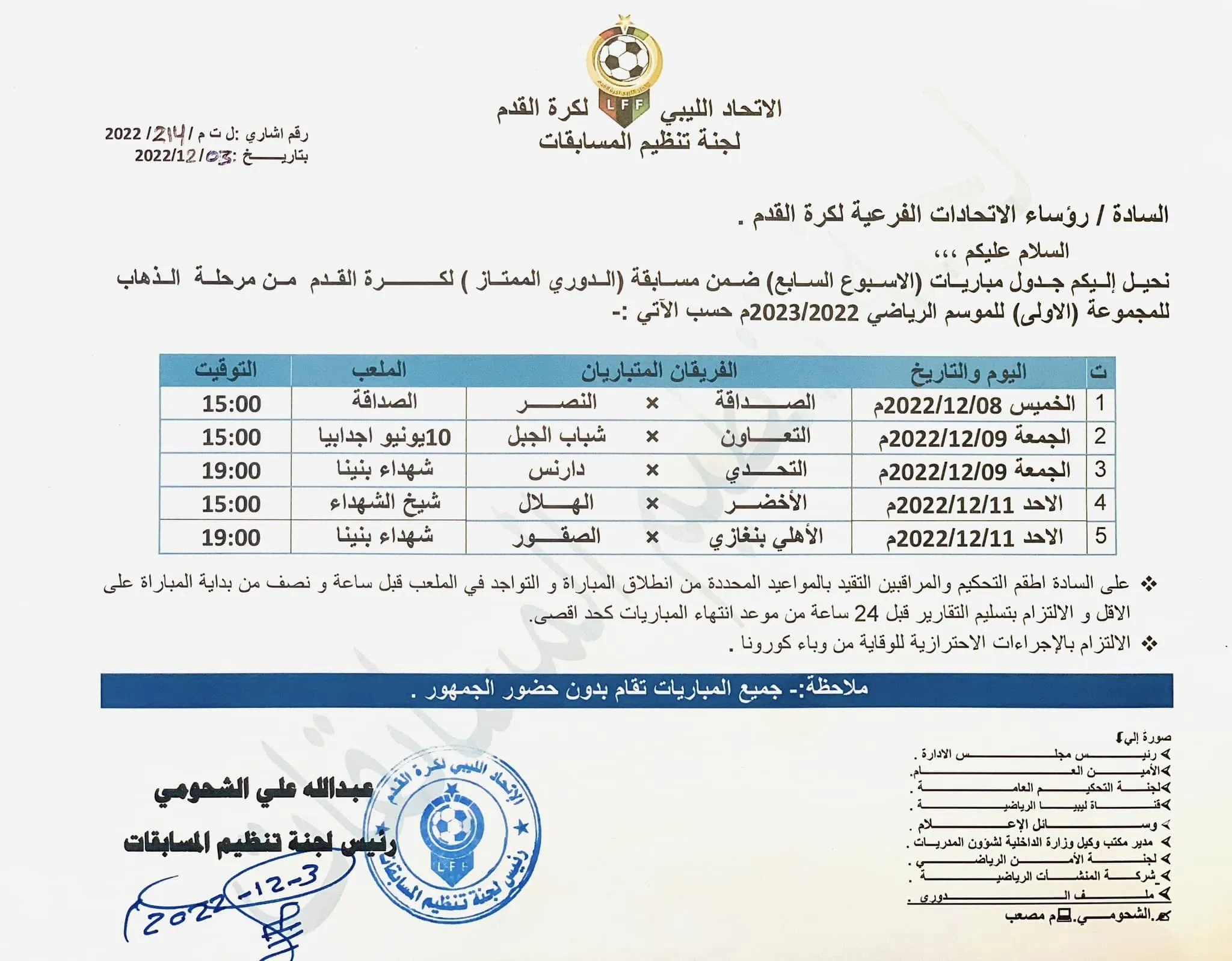 الإعلان عن مباريات الجولة السابعة من الدوري الليبي لكرة القدم